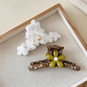 Large floral fabric and white embroidered flower hair shark clips set in Mori style