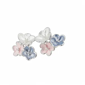 Elegant silver needle stud earrings with delicate dripping oil pink and blue flowers