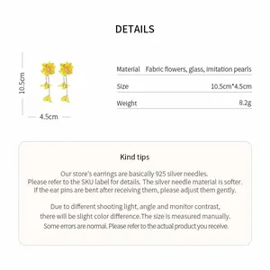 Detailed dimensions and material view of yellow fabric flower long tassel earrings.