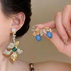 Vintage Alloy Flower Stud Earrings 925 Sterling Silver Earring Post Artificial Pearl Green Blue Rhinestone Earrings Women