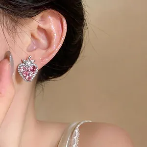 Sparkling pink rhinestone strawberry stud earrings with silver needles for women