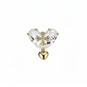 18k gold plated heart ear cuff with sparkling clear zircon and gold cross detail