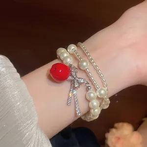 Fashion Artificial Pearl Multi-layer Bracelet With Red Apple Zirconia Bowknot Charm For Women Sweet Elegant Jewelry Accessary
