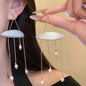 Shell Tassel Earrings With Artificial Pearl Resort Style Gold Plated Alloy Long Drop Earrings For Women Fashion Jewelry