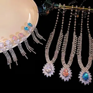 Luxury Zirconia Waterdrop Pendant Necklace Earrings Jewelry Set For Women Exquisite Clavicle Chain Fashion Party Neckwear