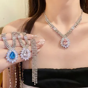 Exquisite luxury teardrop zirconia pendant necklace set with pink and blue gemstones