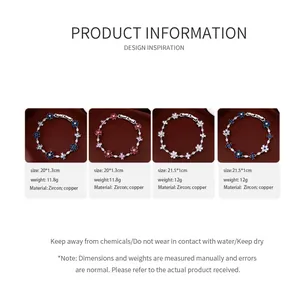 Detailed view of four zircon flower charm bracelets with size and material specifications