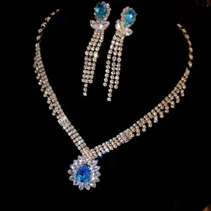 Luxurious blue water drop zircon jewelry set including pendant necklace and earrings