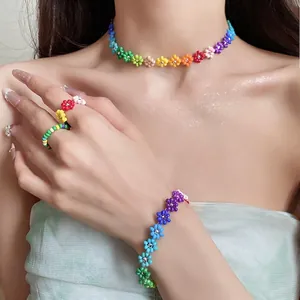 Bohemian Handmade Glass Seed Bead Flower Necklace Bracelet Ring Set For Women Colorful Rhinestone Clavicle Chain Sweet Jewelry Gift