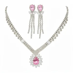 Luxurious silver-toned jewelry set with pink teardrop zircon necklace and drop earrings