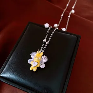 Copper Zirconia Rabbit Pendant Necklace With Artificial Pearl Silver Clavicle Chain Vintage Animal Heart Neck Jewelry