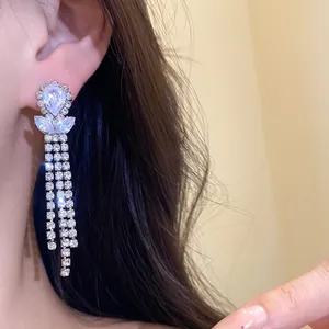 Detailed view of elegant silver-tone tassel earrings with sparkling zircon drop stones