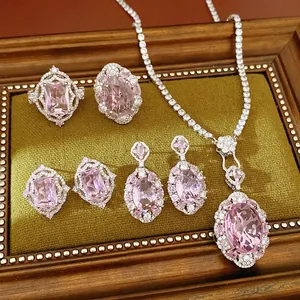 Lussuoso Rame Rosa Zirconia Ovale Collana Orecchini Anello Per Donna Stile Palazzo Francese Elegante Gioielli Vintage