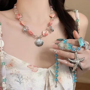 Ocean Theme Shell Starfish Pendant Necklace For Women Irregular Beads Beach Vacation Style Alloy Electroplated Clavicle Chain Jewelry