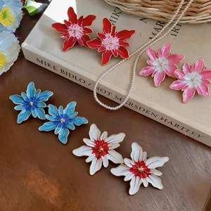 Large Enamel Flower Stud Earrings With 925 Sterling Silver Post Sweet Cool Floral Statement Earrings For Women Jewelry Gift
