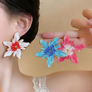 Artistic oversized flower stud earrings with colorful drip-oil enamel design for women
