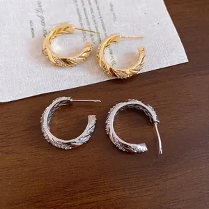 Elegant vintage wheat ear hoop earrings with 14k gold plating and cubic zirconia inlay