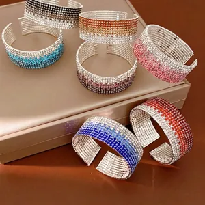 European American Multilayer Rhinestone Gradient Stretch Open Cuff Bracelet Copper Geometric Round Fashion Jewelry For Women