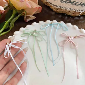 Gros plan de boucles d'oreilles nœuds en ruban élégants avec de longs glands pastel