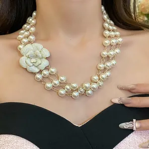 Elegant French vintage multi-layer glass pearl necklace with white camellia flower
