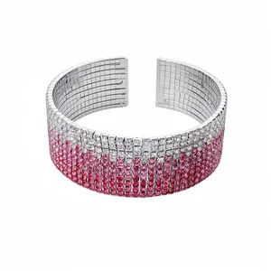 Luxurious multi-row gradient pink and clear rhinestone open cuff bracelet for women
