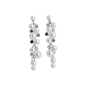Elegant long dangling earrings featuring white pearls and sparkling crystal rhinestones