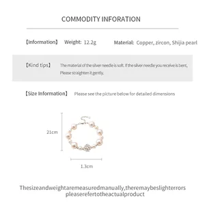 Detailed product information and size dimensions for elegant pearl bracelet with zircon flower