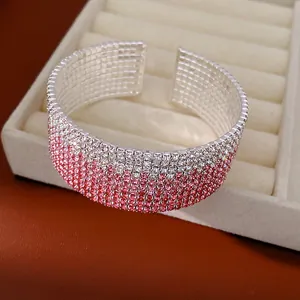 Exquisite multi-layer stretch cuff bracelet with clear to pink gradient rhinestones