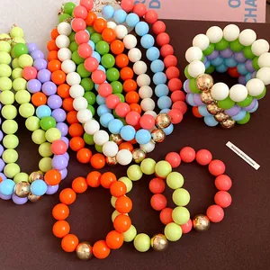 Macro view of chunky colorful beaded necklace and bracelet set in vibrant neon hues