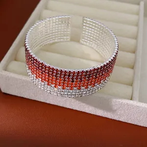 Red and silver gradient rhinestone multi-layer open cuff bracelet for stylish women