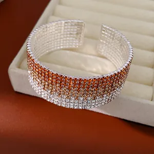 Elegant multi-layer elastic cuff bracelet with orange and clear gradient rhinestones