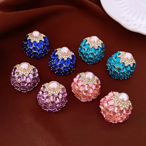 Vintage Court Style Round Artificial Pearl Stud Earrings with Rhinestones and Silver Earring Post for Women Jewelry