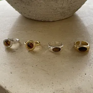 Vintage Maillard Style Resin Open Ring For Women Adjustable Minimalist Gold Silver Plated Geometric Round Finger Ring Jewelry