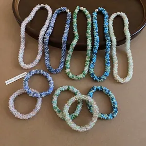 Handmade Woven Glass Beaded Necklace Bracelet Jewelry Set For Women Light Luxury Multicolored Glass Crystal Clavicle Chain