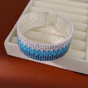 Multilayer rhinestone cuff bracelet with blue gradient and elastic open design