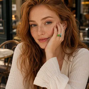 18K gold-plated stainless steel open ring with colorful geometric stones worn by model