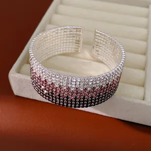 Elegant multi-layer rhinestone gradient open cuff bracelet with pink purple stones