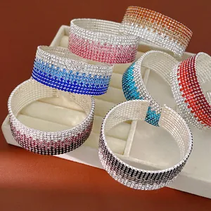 Stacked gradient rhinestone elastic wide bangles with multi-layer sparkling crystals