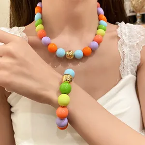 Detailed view of vibrant chunky colorful round bead necklace and bracelet jewelry set