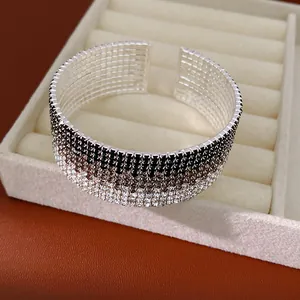 Multi-layer silver open cuff bracelet with gradient black and white rhinestones
