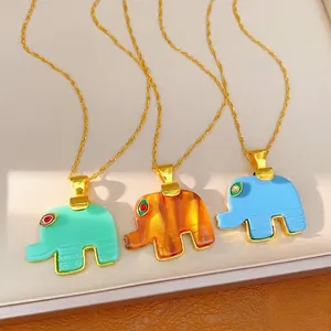 Bohemian Elephant Pendant Necklace For Women Alloy Resin Rhinestone Animal Design Clavicle Chain Fashion Jewelry Accessory
