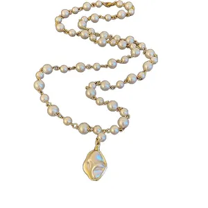 Vintage Baroque faux pearl necklace with an irregular round pendant for high-end fashion