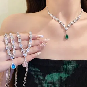 Luxury Copper Zirconia Water Drop Pendant Necklace Stud Earrings Set Elegant Rhinestone Inlaid Clavicle Chain Jewelry For Women