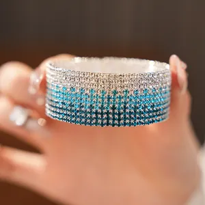 Sparkling multi-layer gradient blue rhinestone elastic open bangle jewelry for women
