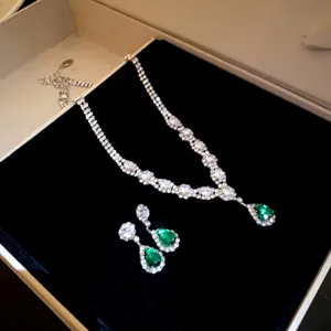 Elegant green teardrop zircon pendant necklace and earring set in luxury gift box