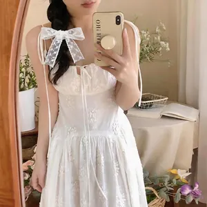 Fresh white lace long scarf hair tie headband used as a bow hair accessory