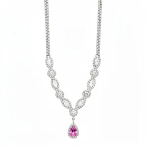 Elegant silver necklace featuring a pink teardrop pendant and sparkling zircon stones