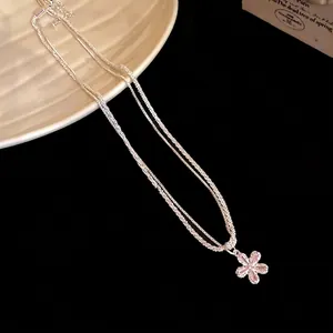 Elegant double-layered silver necklace with pink zircon flower pendant for women
