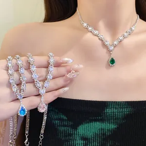 Elegant zircon necklaces detail with luxury green, blue and pink waterdrop stone pendants