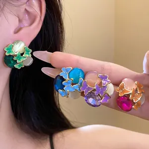 Vintage Alloy Butterfly Drip Oil Rhinestone Stud Earrings With Silver Post Sweet Fresh Enamel Oval Gemstone Inlaid Jewelry For Women